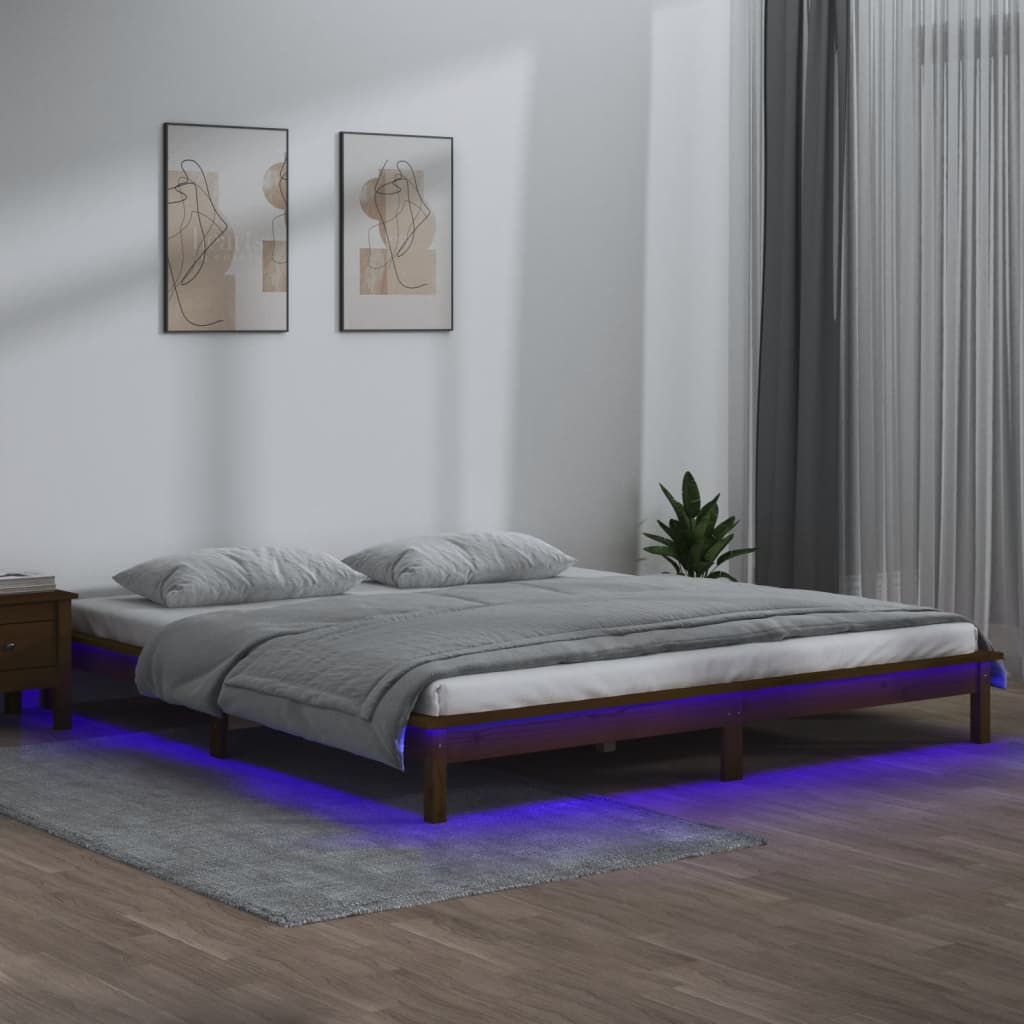 Estrutura de cama c/ LEDs 200x200cm madeira maciça castanho mel