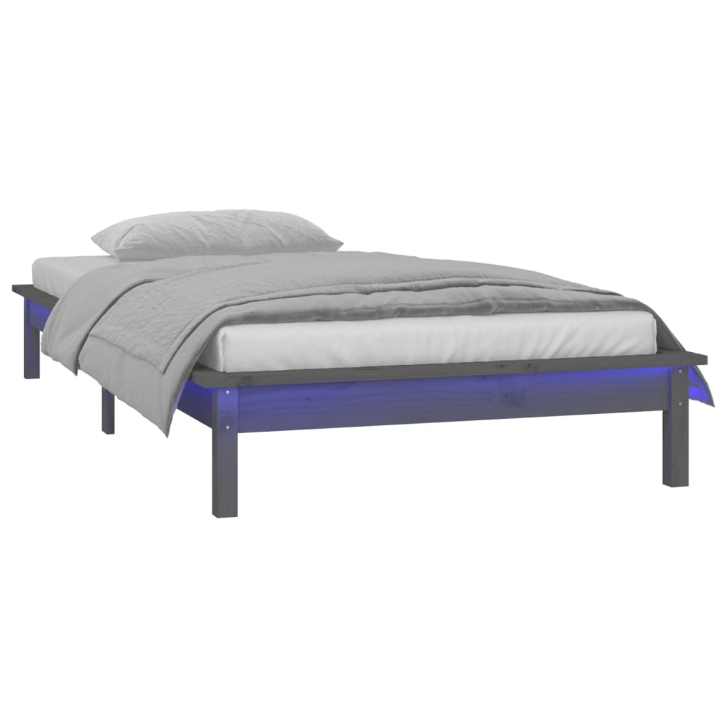 Estrutura cama c/ LED solteiro 75x190cm madeira maciça cinzento