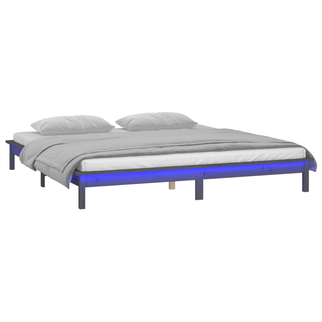 Estrutura cama c/ LED casal 135x190 cm madeira maciça cinzento