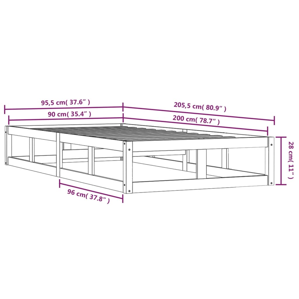 Estrutura de cama 90x200 cm madeira maciça