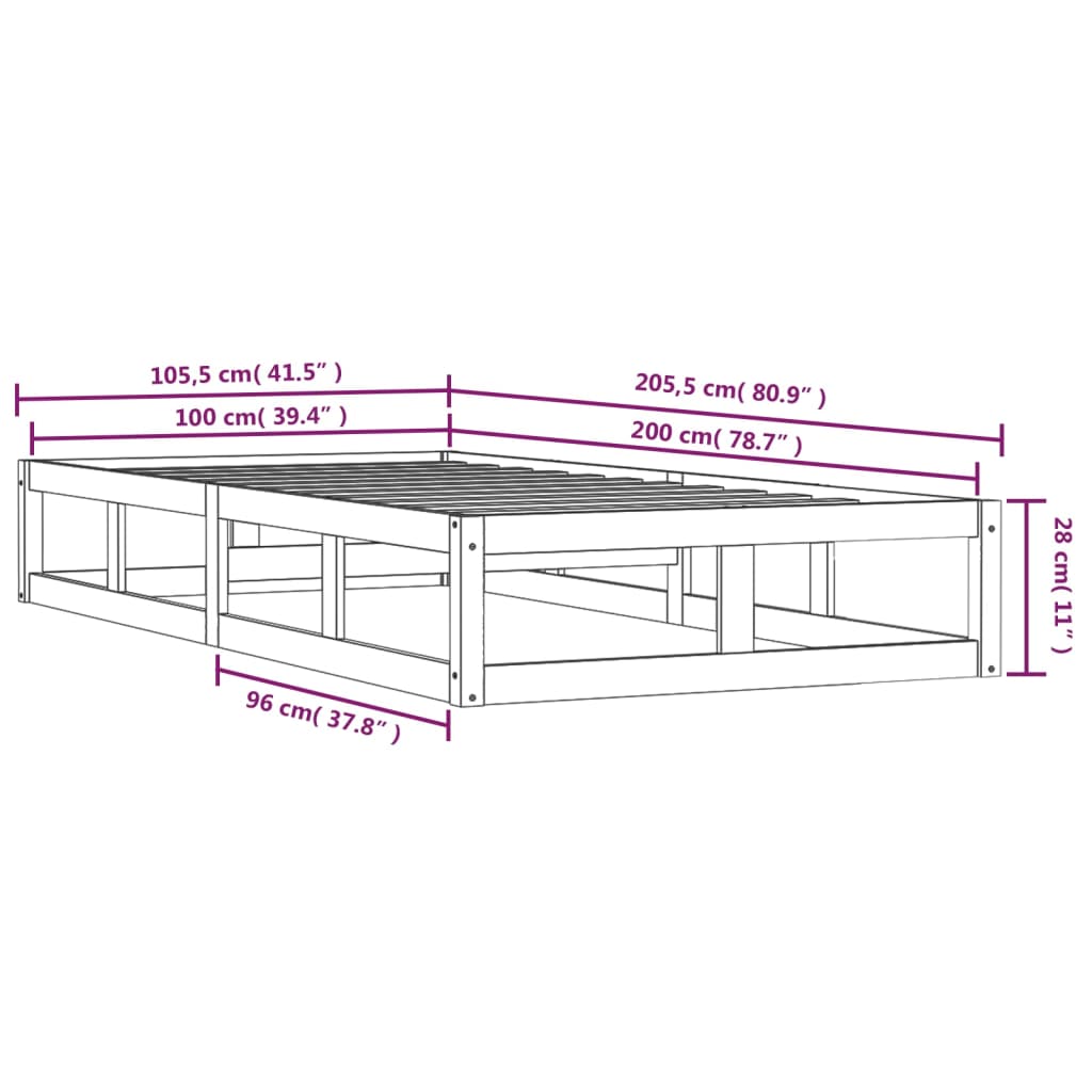 Estrutura de cama 100x200 cm preto madeira maciça