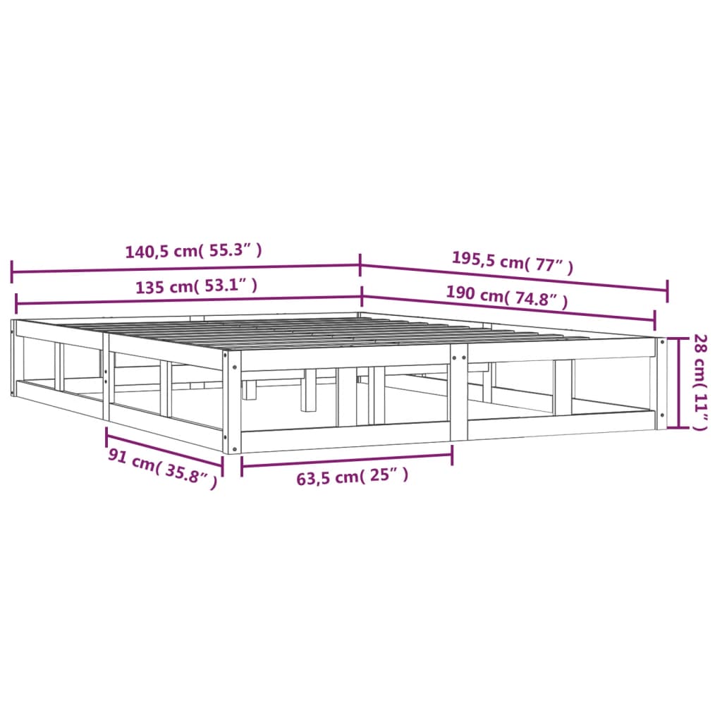 Estrutura de cama casal 135x190 cm 4FT6 madeira maciça preto