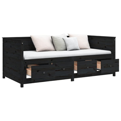 Sofá Cama Pine - Cor Preto - Em Madeira de Pinho - Com 4 Gavetas - 207,5x107x80 cm - Design Rústico