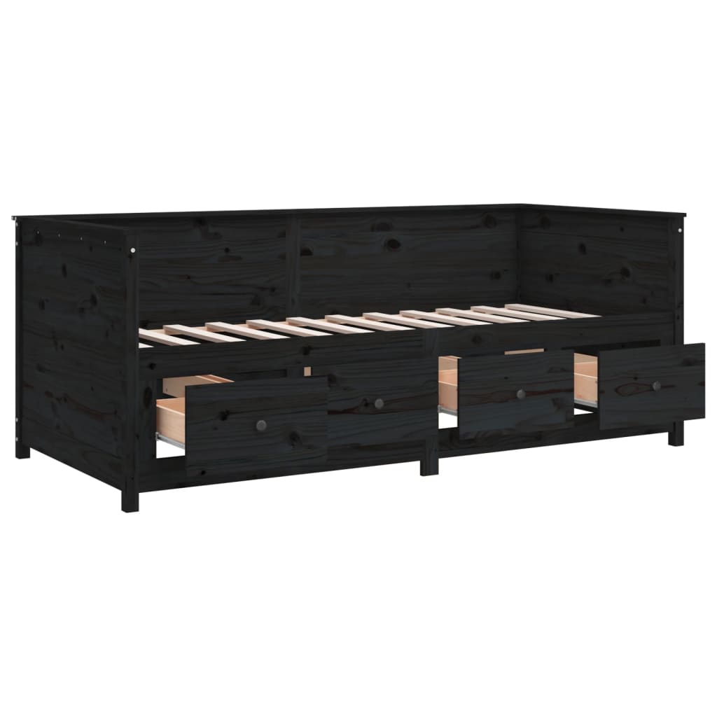 Sofá Cama Pine - Cor Preto - Em Madeira de Pinho - Com 4 Gavetas - 207,5x107x80 cm - Design Rústico