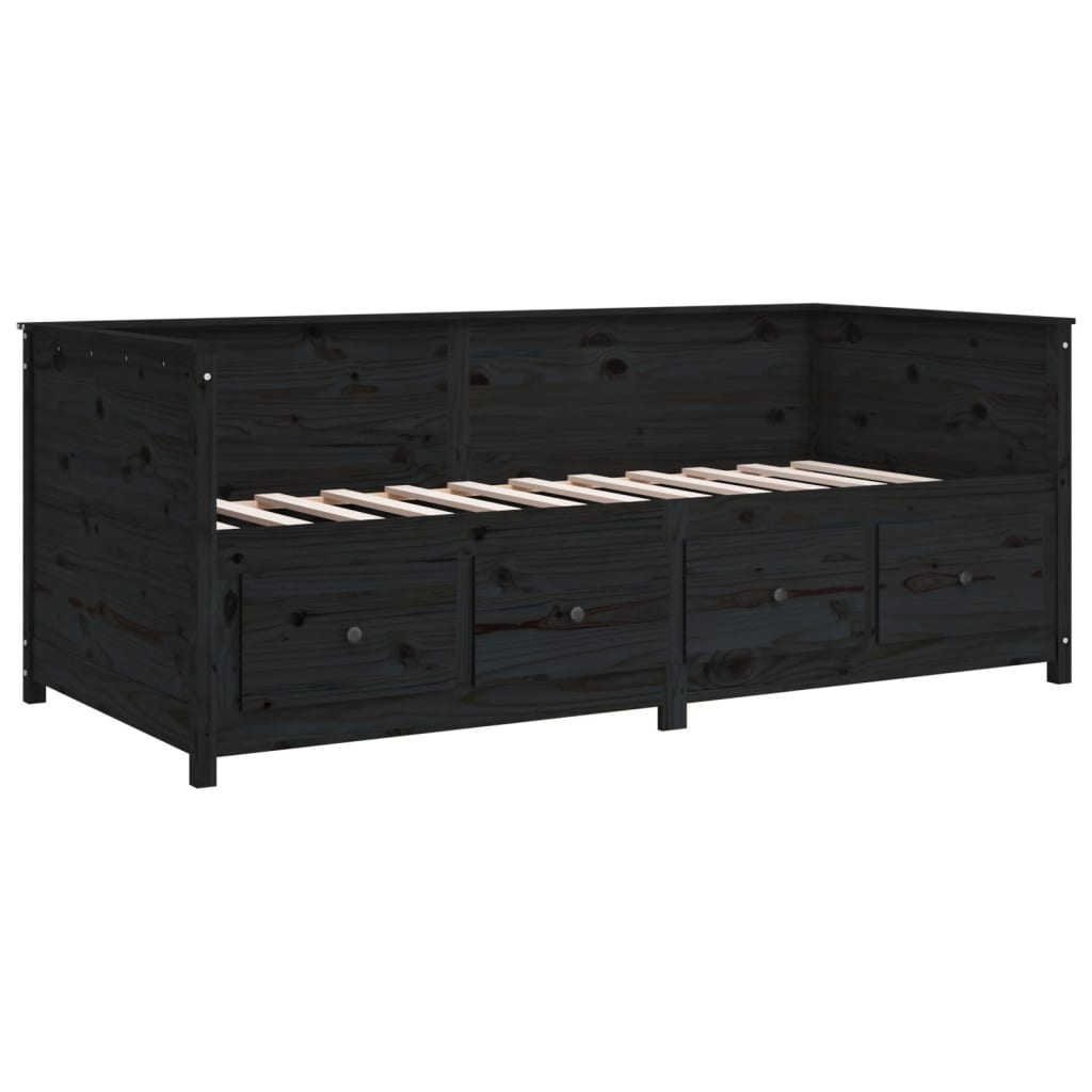 Sofá Cama Pine - Cor Preto - Em Madeira de Pinho - Com 4 Gavetas - 207,5x107x80 cm - Design Rústico