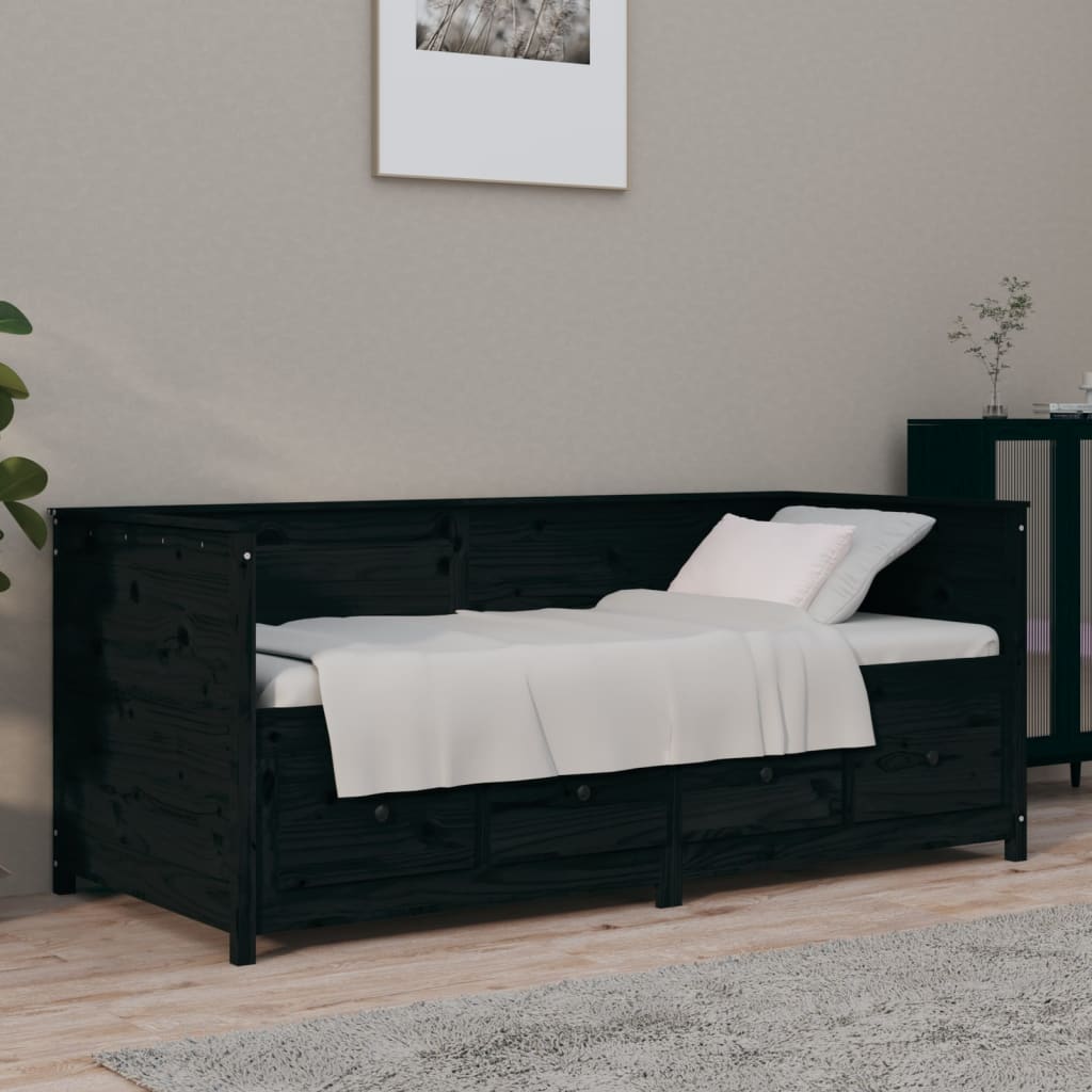 Sofá Cama Pine - Cor Preto - Em Madeira de Pinho - Com 4 Gavetas - 207,5x107x80 cm - Design Rústico