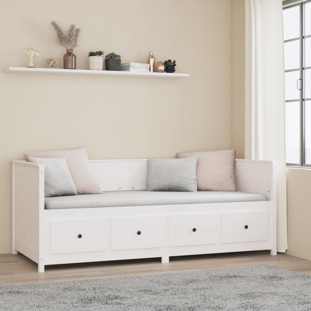 Sofá Cama Pine - Cor Branco - Em Madeira de Pinho - Com 4 Gavetas - 207,5x87x80 cm - Design Rústico