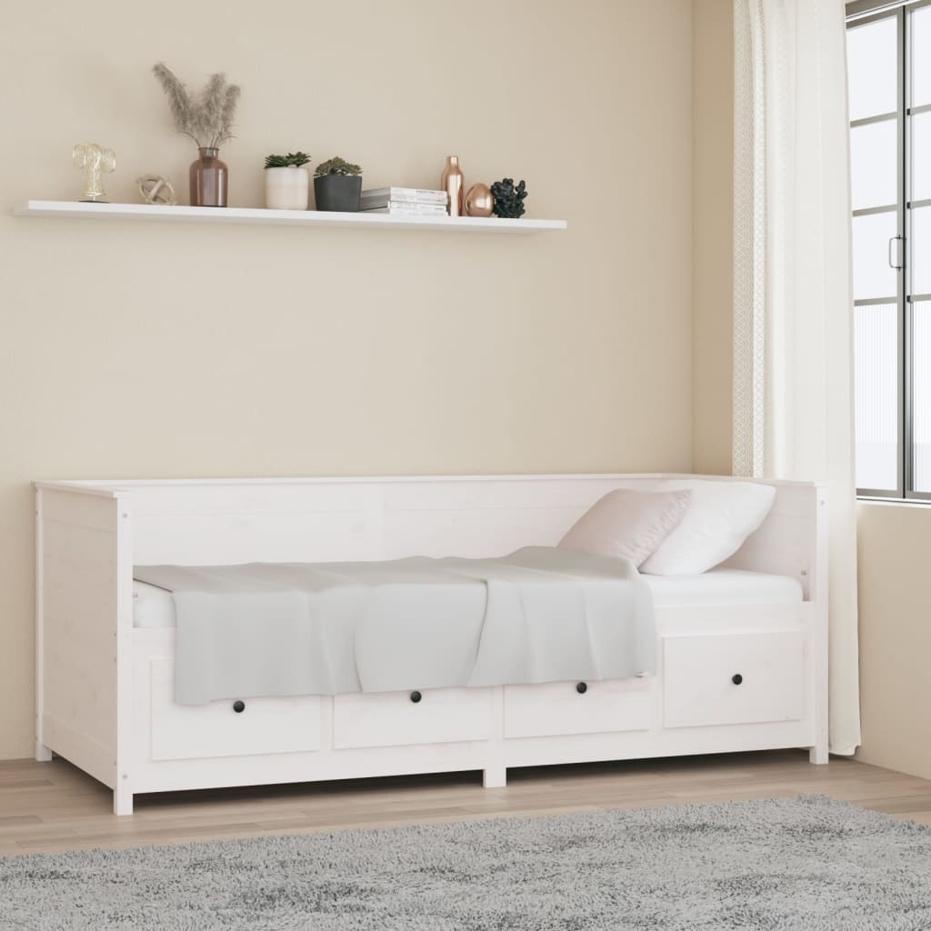 Sofá Cama Pine - Cor Branco - Em Madeira de Pinho - Com 4 Gavetas - 207,5x87x80 cm - Design Rústico