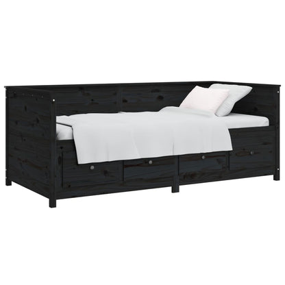 Sofá Cama Pine - Cor Preto - Em Madeira de Pinho - Com 4 Gavetas - 207,5x87x80 cm - Design Rústico