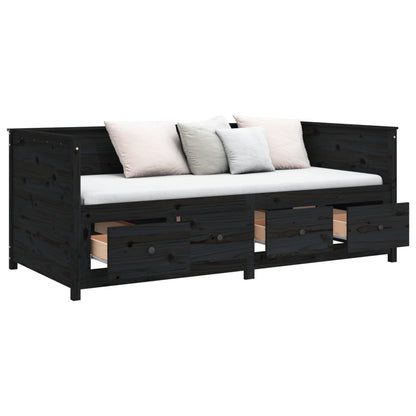 Sofá Cama Pine - Cor Preto - Em Madeira de Pinho - Com 4 Gavetas - 207,5x87x80 cm - Design Rústico