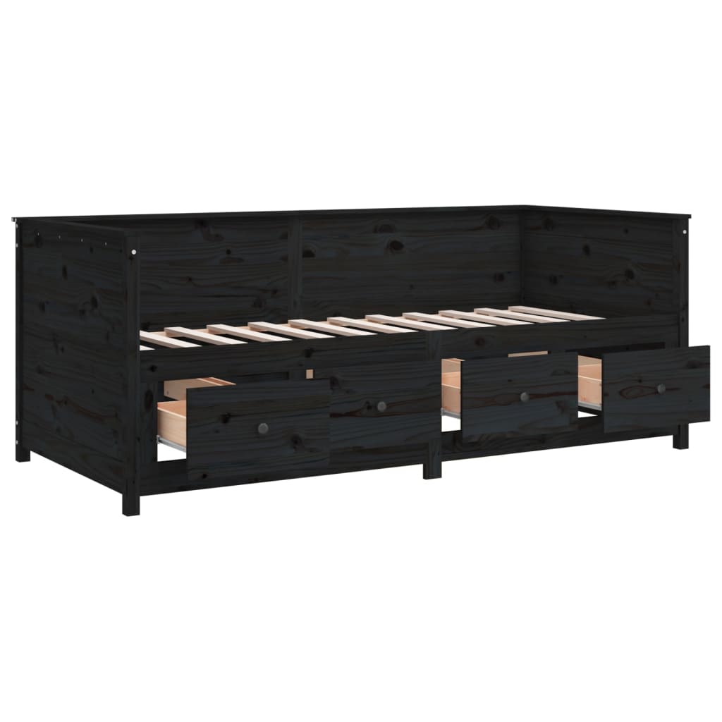 Sofá Cama Pine - Cor Preto - Em Madeira de Pinho - Com 4 Gavetas - 207,5x87x80 cm - Design Rústico