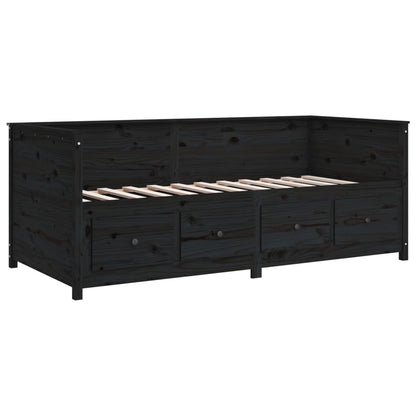 Sofá Cama Pine - Cor Preto - Em Madeira de Pinho - Com 4 Gavetas - 197,5x97x80 cm - Design Rústico