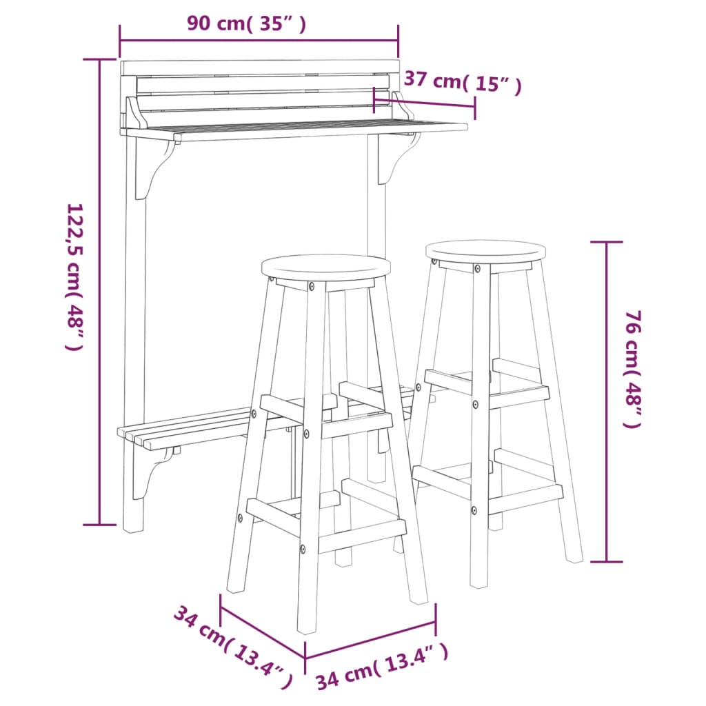 3 pcs conjunto de bar para jardim madeira de acácia maciça