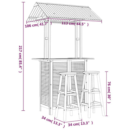 3 pcs conjunto de bar para jardim madeira de acácia maciça