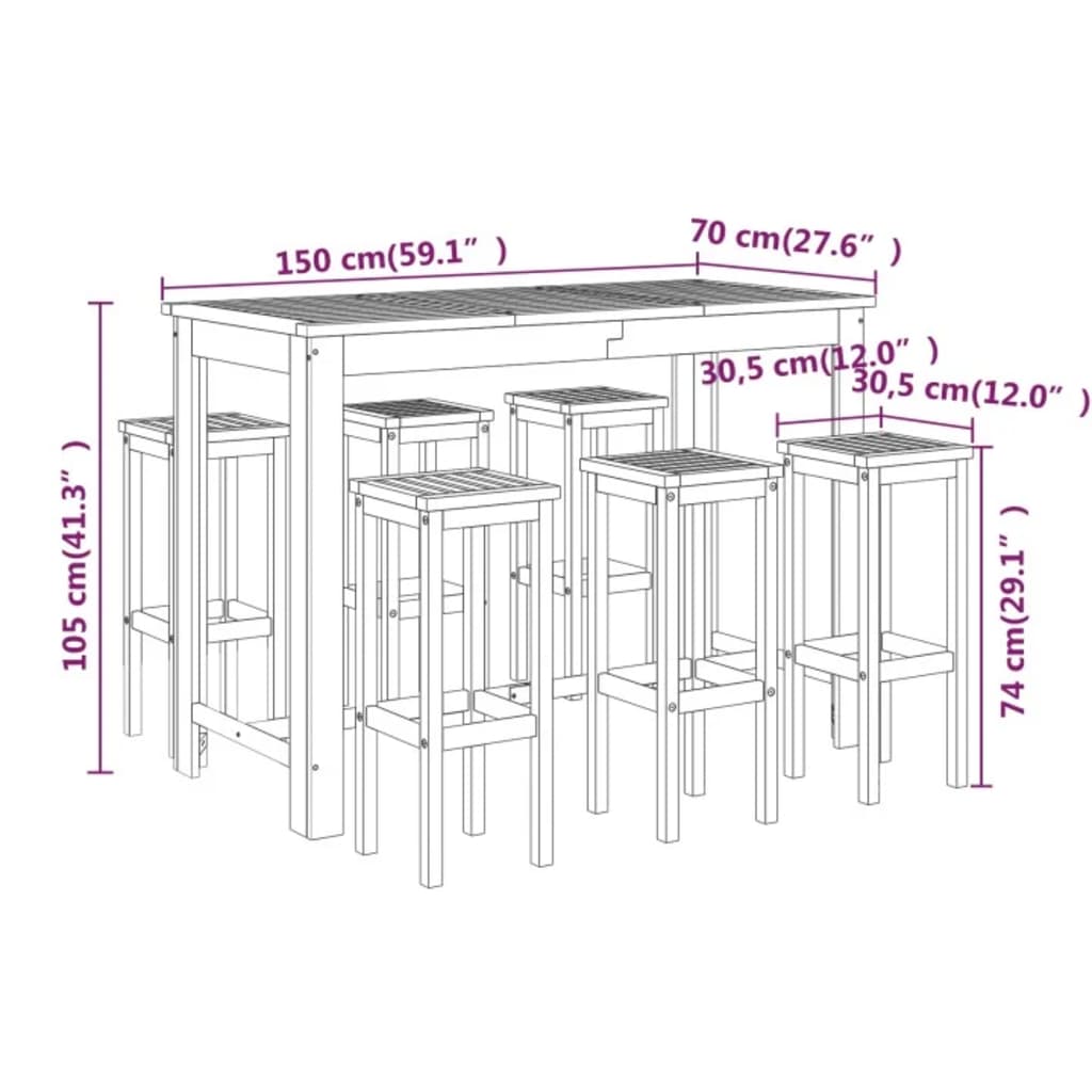 7 pcs Conjunto de bar para jardim madeira de acácia maciça