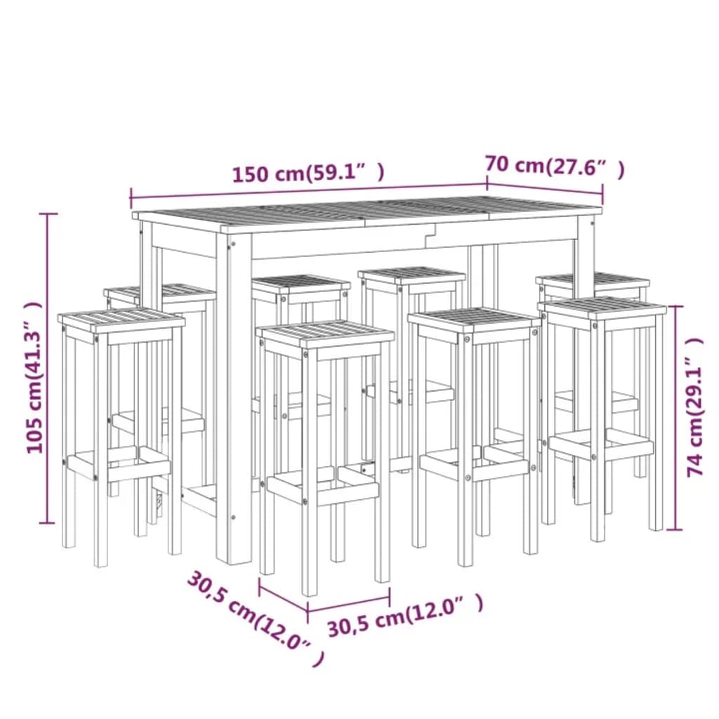 9 pcs conjunto de bar para jardim madeira de acácia maciça