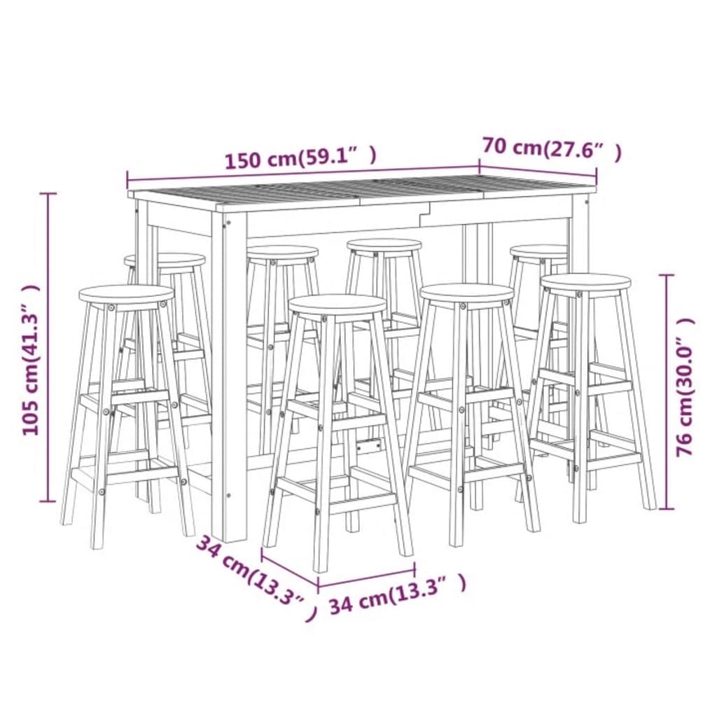 9 pcs conjunto de bar para jardim madeira de acácia maciça