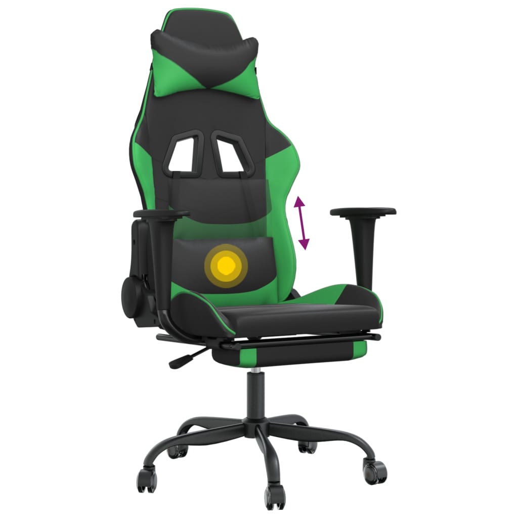 Cadeira gaming massagens c/ apoio pés couro artif. preto/verde