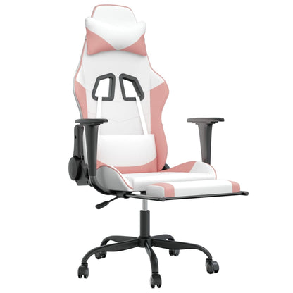 Cadeira gaming massagens c/ apoio pés couro artif. branco/rosa