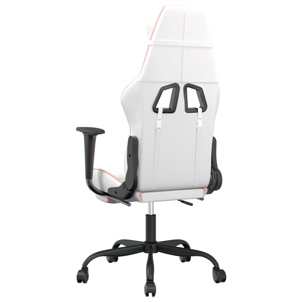 Cadeira gaming massagens c/ apoio pés couro artif. branco/rosa