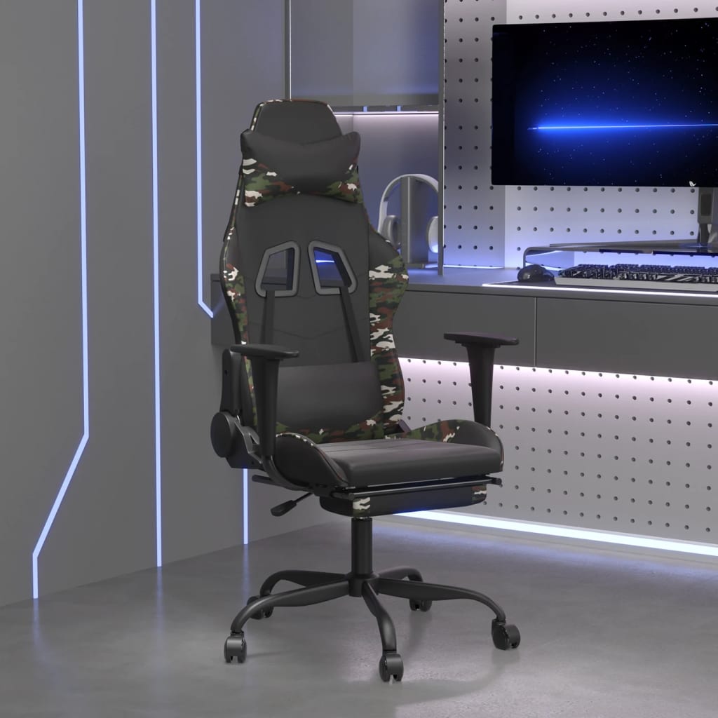 Cadeira gaming massagens apoio pés couro artif preto/camuflagem