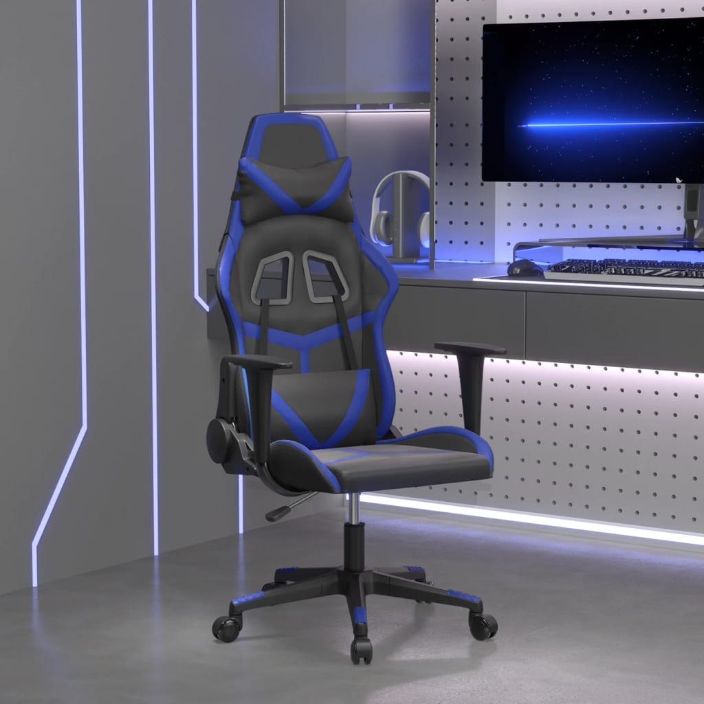 Cadeira gaming de massagens couro artificial preto e azul