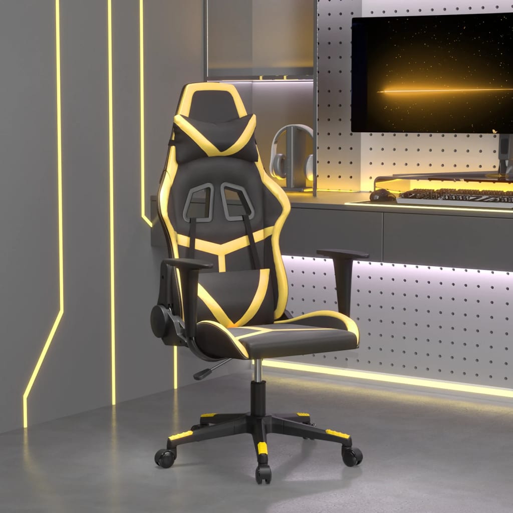 Cadeira gaming massagens couro artificial preto e dourado