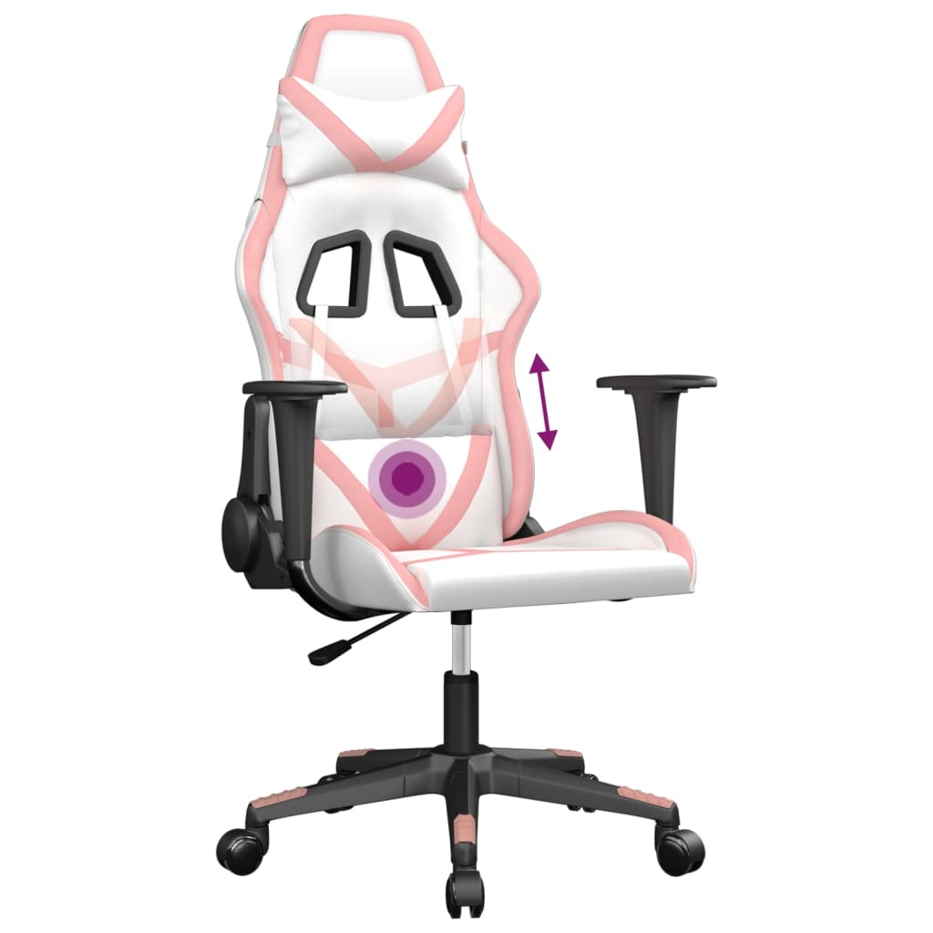 Cadeira gaming massagens couro artificial branco e rosa