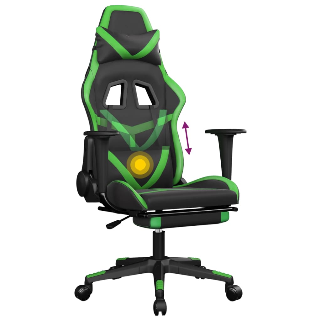 Cadeira gaming massagens c/ apoio pés couro artif. preto/verde