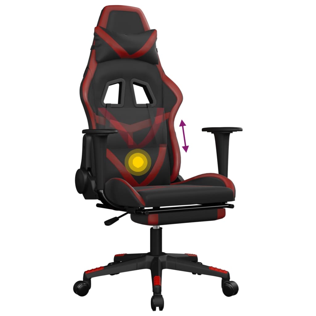 Cadeira gaming massagem + apoio couro art. preto/vermelho tinto