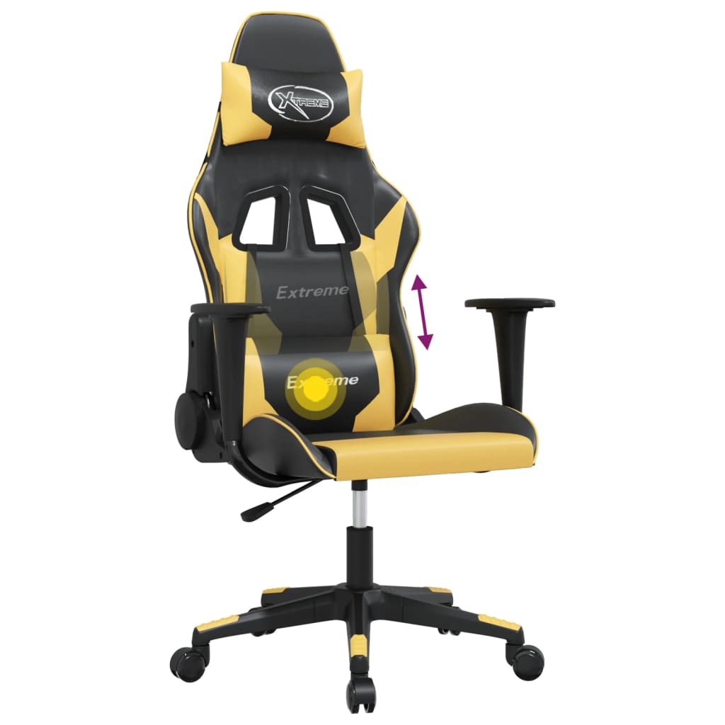 Cadeira gaming massagens couro artificial preto e dourado