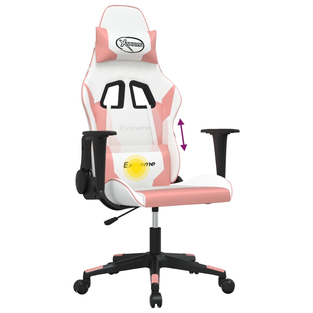 Cadeira gaming massagens couro artificial branco e rosa