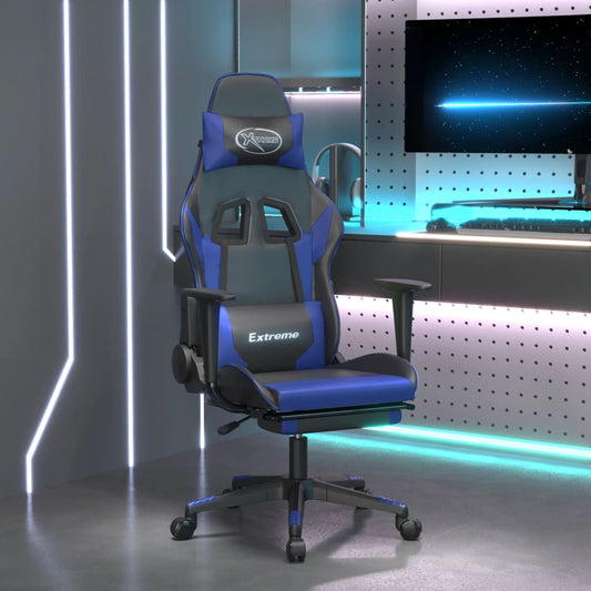 Cadeira gaming massagens c/ apoio pés couro artif. preto/azul