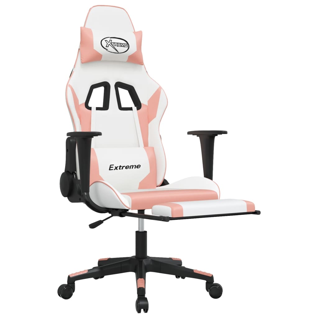 Cadeira gaming massagens c/ apoio pés couro artif. branco/rosa