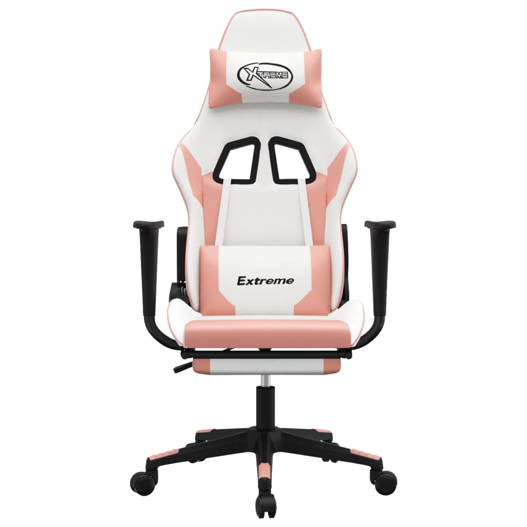 Cadeira gaming massagens c/ apoio pés couro artif. branco/rosa