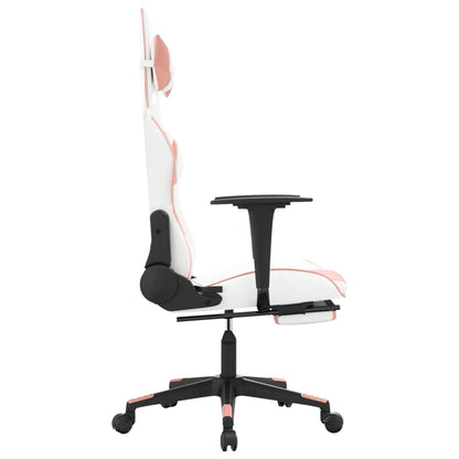 Cadeira gaming massagens c/ apoio pés couro artif. branco/rosa