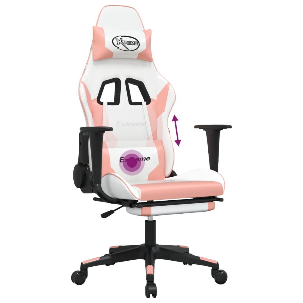 Cadeira gaming massagens c/ apoio pés couro artif. branco/rosa