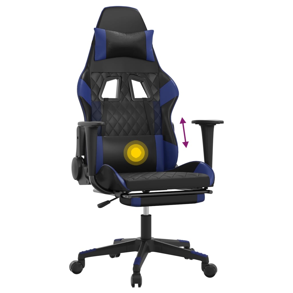 Cadeira Gaming Duty Reclinável com Massagens e Apoio de Pés em Couro Artificial - Preto/Azul - Design Moderno