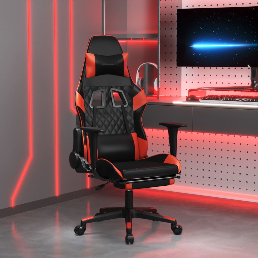 Cadeira Gaming Duty Reclinável com Massagens e Apoio de Pés em Couro Artificial - Preto/Vermelho - Design Moderno