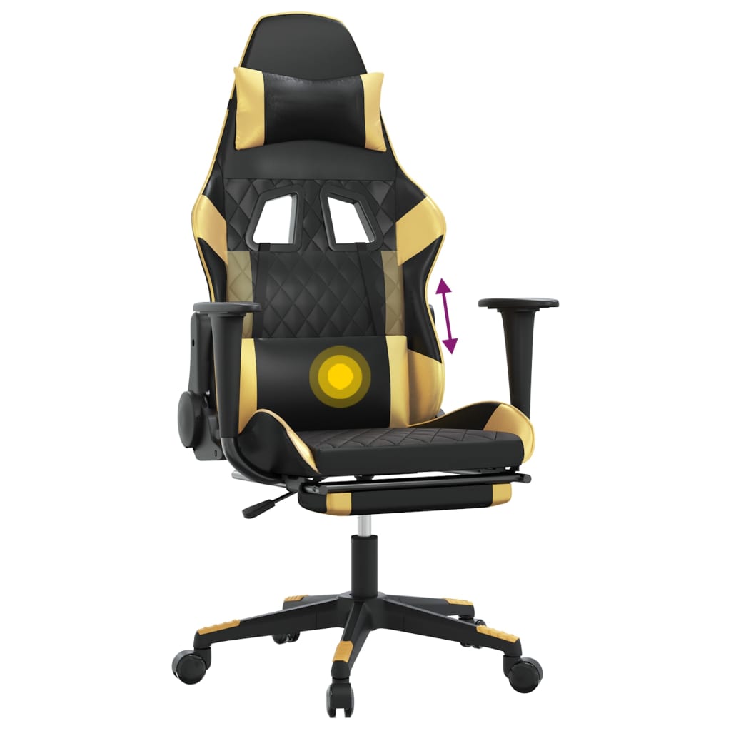 Cadeira Gaming Duty Reclinável com Massagens e Apoio de Pés em Couro Artificial - Preto/Dourado - Design Moderno