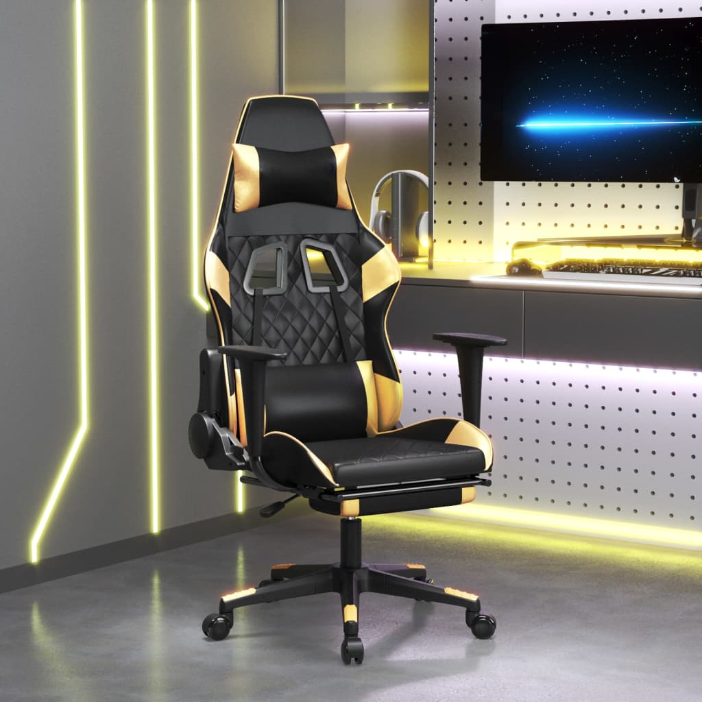 Cadeira Gaming Duty Reclinável com Massagens e Apoio de Pés em Couro Artificial - Preto/Dourado - Design Moderno