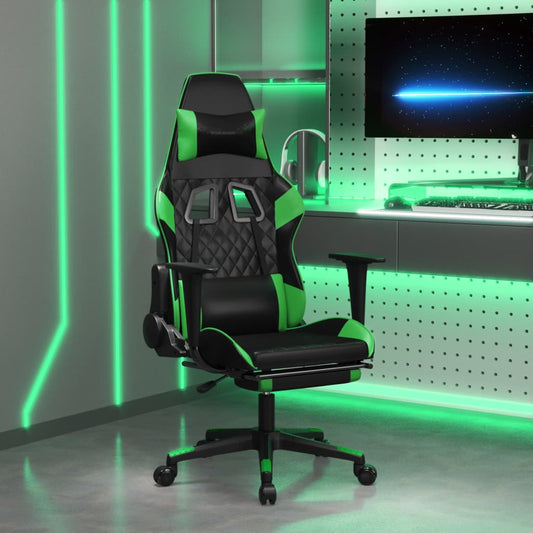 Cadeira Gaming Duty Reclinável com Massagens e Apoio de Pés em Couro Artificial - Preto/Verde - Design Moderno