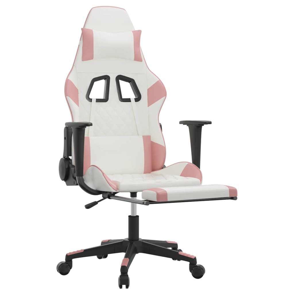 Cadeira Gaming Duty Reclinável com Massagens e Apoio de Pés em Couro Artificial - Branco/Rosa - Design Moderno