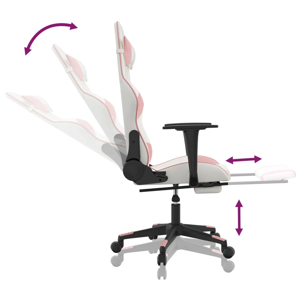 Cadeira Gaming Duty Reclinável com Massagens e Apoio de Pés em Couro Artificial - Branco/Rosa - Design Moderno