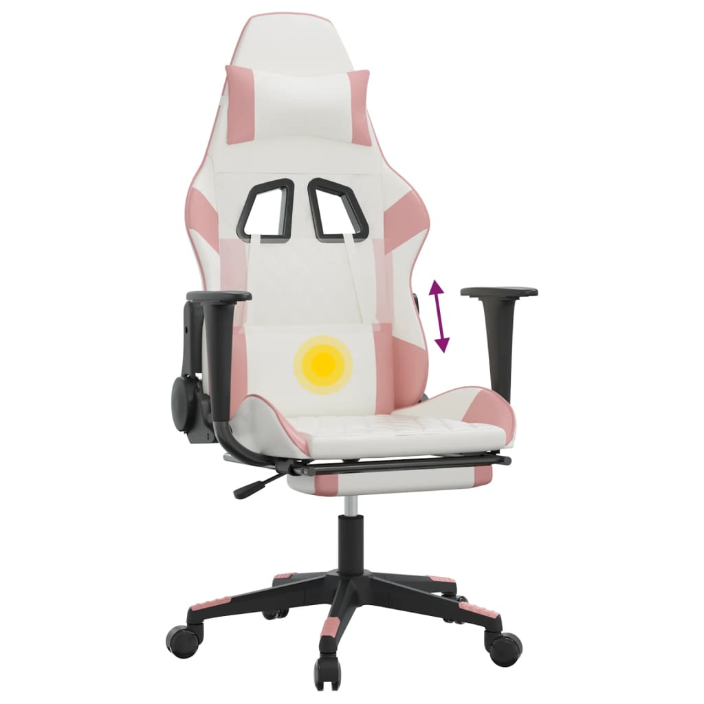 Cadeira Gaming Duty Reclinável com Massagens e Apoio de Pés em Couro Artificial - Branco/Rosa - Design Moderno