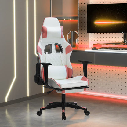 Cadeira Gaming Duty Reclinável com Massagens e Apoio de Pés em Couro Artificial - Branco/Rosa - Design Moderno