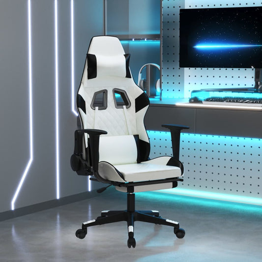 Cadeira Gaming Duty Reclinável com Massagens e Apoio de Pés em Couro Artificial - Branco/Preto - Design Moderno