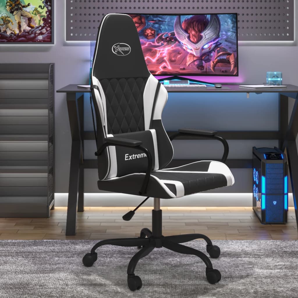 Cadeira gaming massagens couro artificial preto e branco