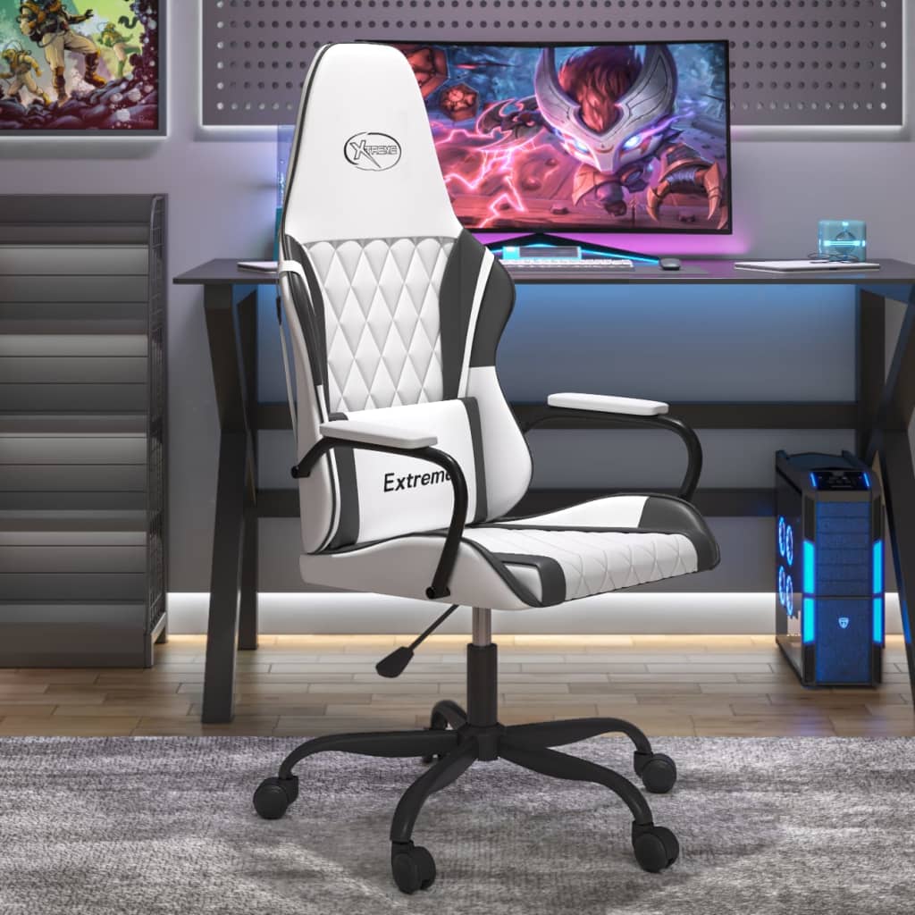 Cadeira gaming massagens couro artificial branco e preto