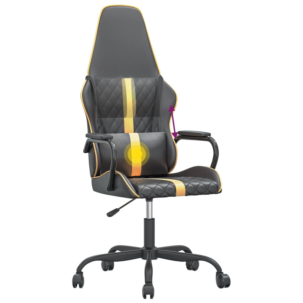 Cadeira Gaming com Massagens e Altura Ajustável em Couro Artificial - Dourado e Preto - Design Moderno